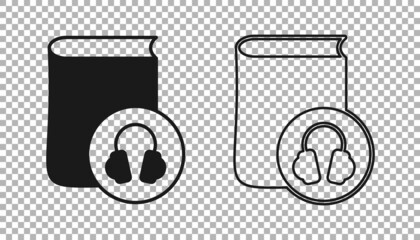 Black Audio book icon isolated on transparent background. Book with headphones. Audio guide sign. Online learning concept. Vector
