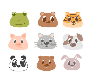 Set of cute animals face. Funny doodle animals. Frog, bear, tiger, pig, cat, dog, panda, beaver and rabbit vector illustration isolated on white.