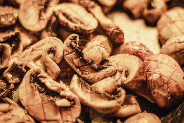 fried mushrooms in a pan, close up, Food background