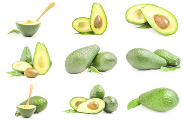 Collection of green avocados on a white background. Clipping path