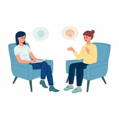 Psychotherapy concept. Woman sitting in armchair and talking with psychologist. Tangled and untangled mind metaphor, doctor solving problems, couch consultation, mental health treatment flat vector