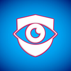 White Shield and eye icon isolated on blue background. Security, safety, protection, privacy concept. Vector