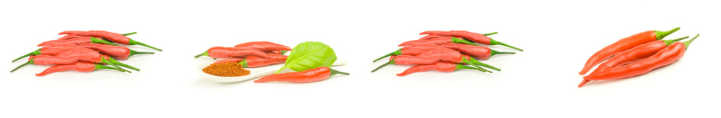 Collage of red chili peppers close-up isolated on white background