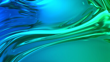 3D render beautiful folds of light shiny silk, like foil or metallic surface in full screen. Beautiful clean fabric background. Simple soft background with smooth folds and blue green color gradient