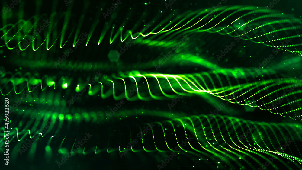 Poster abstract sci-fi background with glow particles form curved lines, surfaces, hologram structures or v