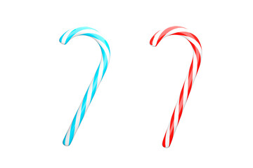 Realistick Christmas cane, lolipop, stick, candy. White, blue and red colors. 3D rendering.