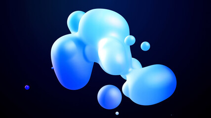 3d render. Spheres or balls merge like liquid wax drops or metaballs in-air. Liquid gradient of blue colors on beautiful drops with glow, scattering light inside.