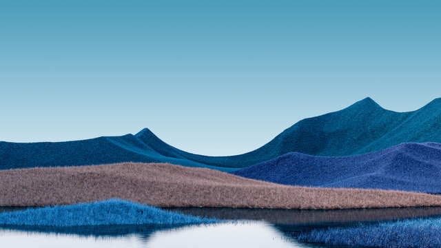 Surreal mountains landscape with dark blue and brown peaks and teal sky. Minimal modern abstract background. Shaggy surface with a slight noise. 3d rendering