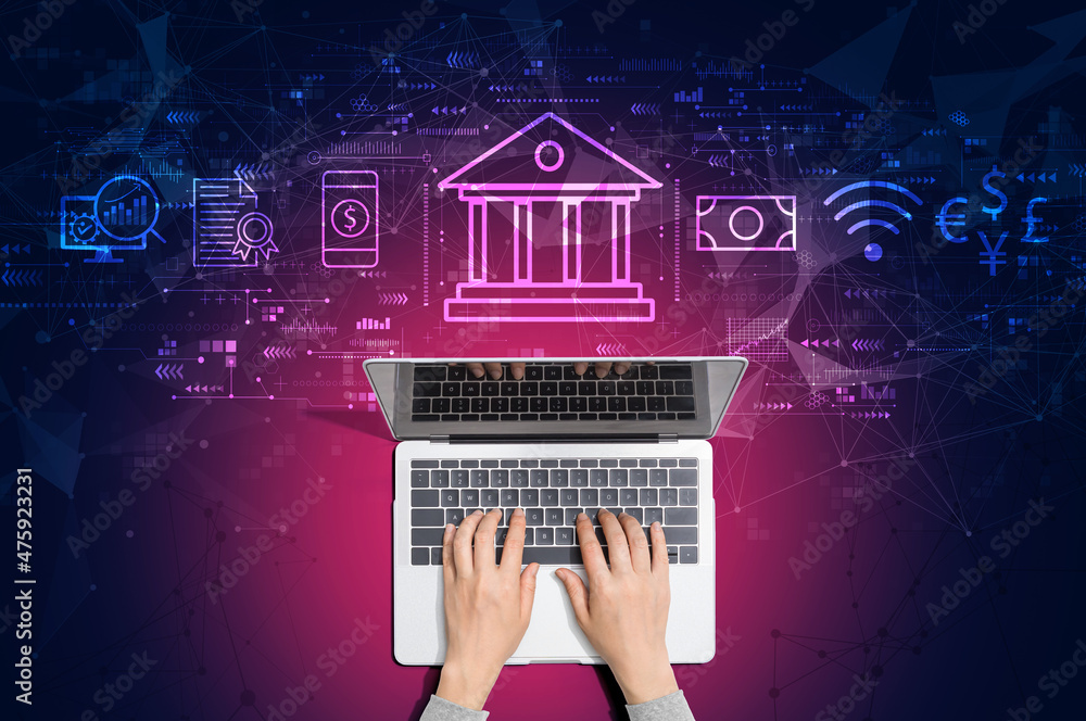 Poster online banking concept with person using a laptop computer