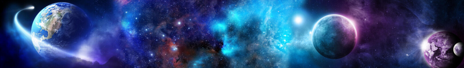 Obraz na płótnie Canvas Space scene with planets, stars and galaxies. Panorama. Horizontal view.