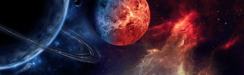 Space scene with planets, stars and galaxies. Panorama. Horizontal view. © urvana