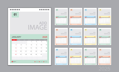 Calendar template for 2025 with week start on Sunday. Wall Calendar 2025 template, Planner, poster, Desk calendar 2025design, Stationery, printing media, Business vector, color calendar design