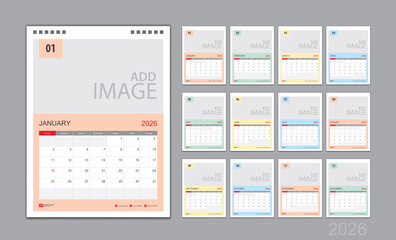 Calendar template for 2026 with week start on Sunday. Wall Calendar 2026 template, Planner, poster, Desk calendar 2026 design, Stationery, printing media, Business vector, color calendar design
