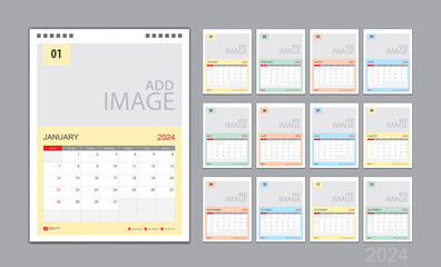 Calendar template for 2024 with week start on Sunday. Wall Calendar 2024 template, Planner, poster, Desk calendar 2024 design, Stationery, printing media, Business vector, color calendar design
