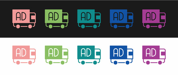 Set Advertising on truck icon isolated on black and white background. Concept of marketing and promotion process. Responsive ads. Social media advertising. Vector