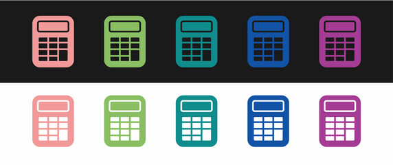 Set Calculator icon isolated on black and white background. Accounting symbol. Business calculations mathematics education and finance. Vector