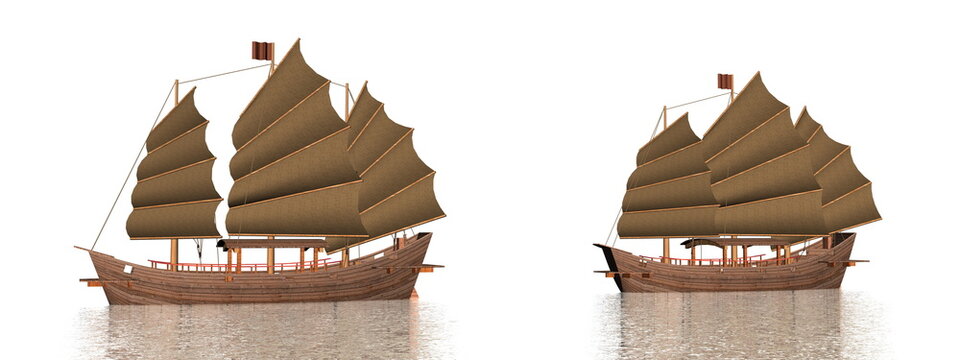 Two oriental junks on the water - 3D render