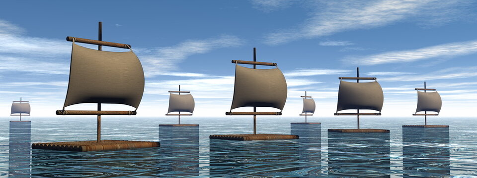 Wooden rafts lost in the ocean - 3D render