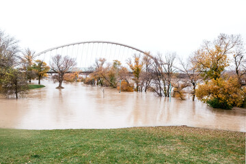 Riverside of Zaragoza is covered by water due to strong flood after strom Barra