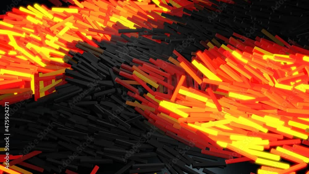 Poster 3d abstract looped background with lot of gray rectangles lay on plane and light up red orange. bulb