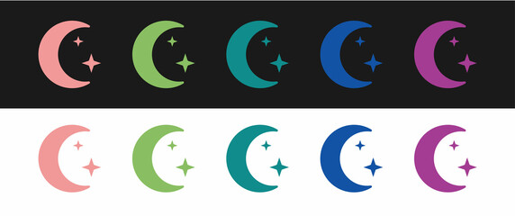 Set Moon and stars icon isolated on black and white background. Cloudy night sign. Sleep dreams symbol. Full moon. Night or bed time sign. Vector