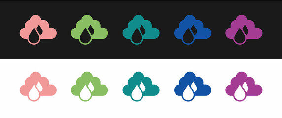 Obraz premium Set Cloud with rain icon isolated on black and white background. Rain cloud precipitation with rain drops. Vector
