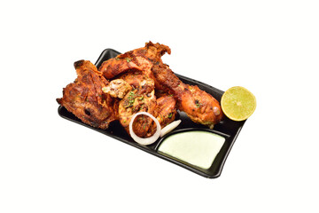 Tandoori Chicken with Chutney Onion in Plate isolated on White Background with Clipping Path