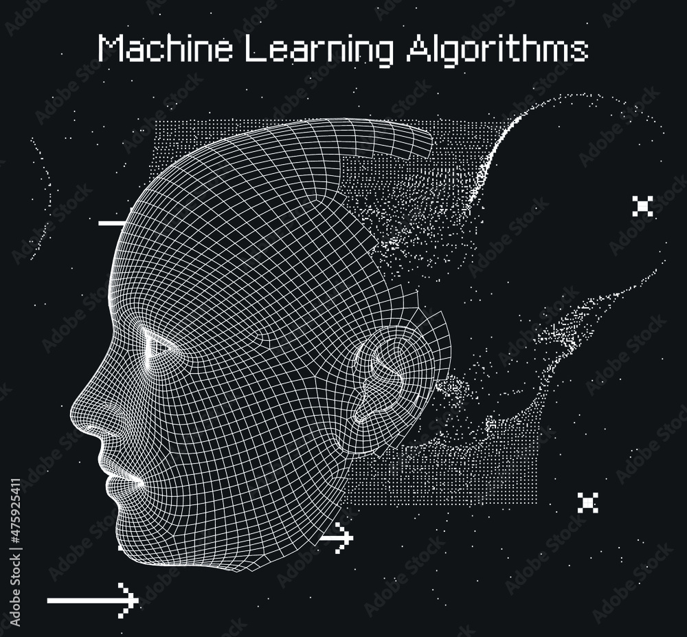 Aufkleber 3D low poly wireframe model of a human head with pixel artifacts. Conceptual image of AI (artificial intelligence), VR (virtual reality), Deep Learning and Face recognition systems.