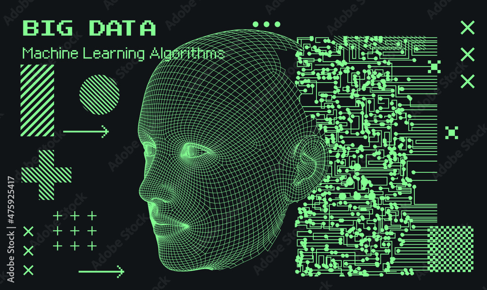 Aufkleber 3D low poly wireframe model of a human head with pixel artifacts. Conceptual image of AI (artificial intelligence), VR (virtual reality), Deep Learning and Face recognition systems.