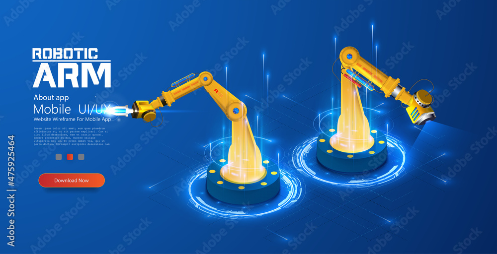 Poster mechanical hand isolated on blue background. industrial robot manipulator. mechanical robotic arm ic