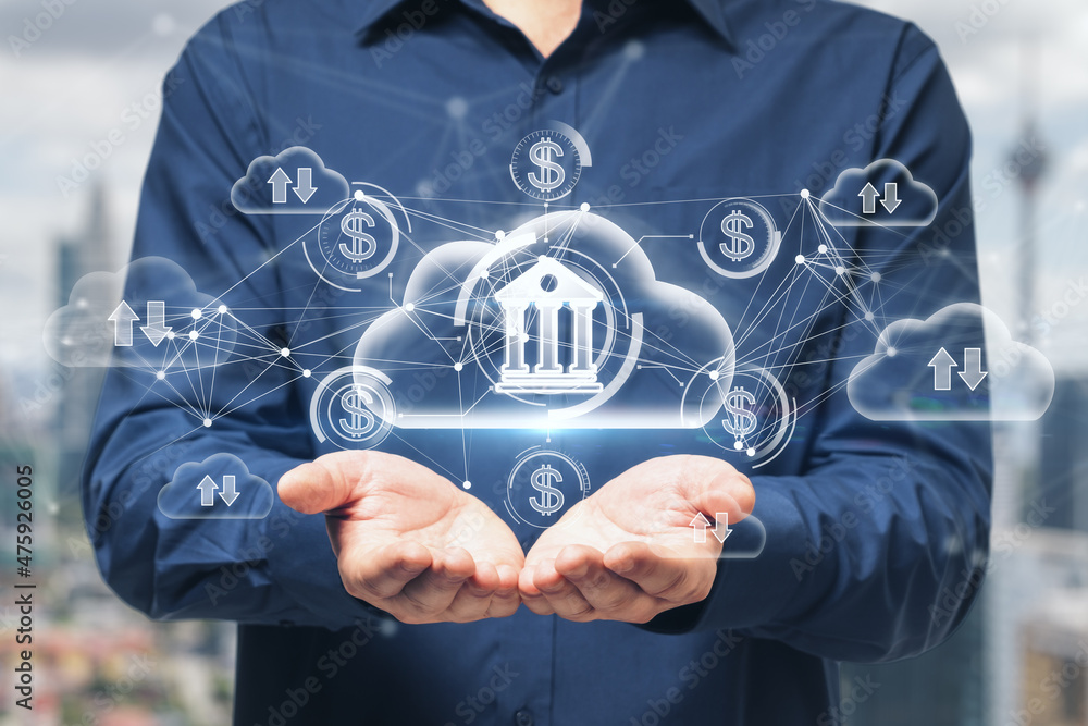 Aufkleber close up of businessman hands holding abstract glowing cloud computing and online banking hologram w