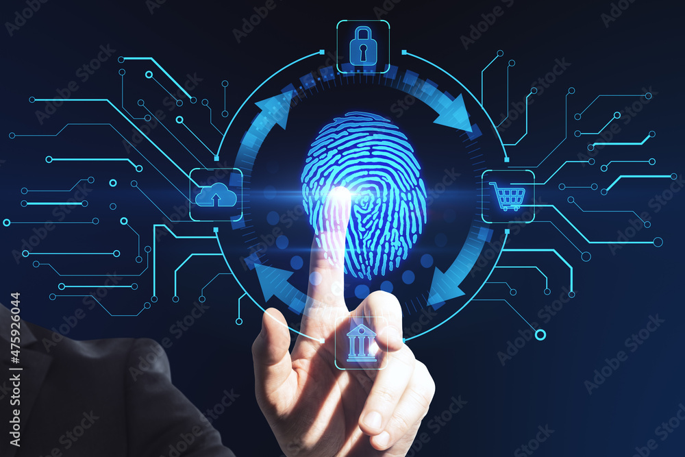 Poster close up of male hand pointing at creative blue fingerprint scanning interface on dark background. b