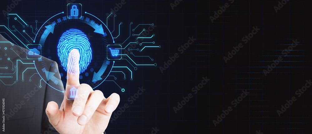 Fototapete close up of businessman hand pointing at creative blue fingerprint scanning interface on dark backgr