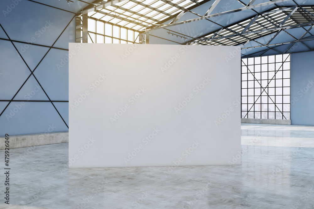 Poster Bright spacious concrete empty hangar interior with blank mock up place on wall, sunlight, city view and window frames. Factory and industrial concept. 3D Rendering.