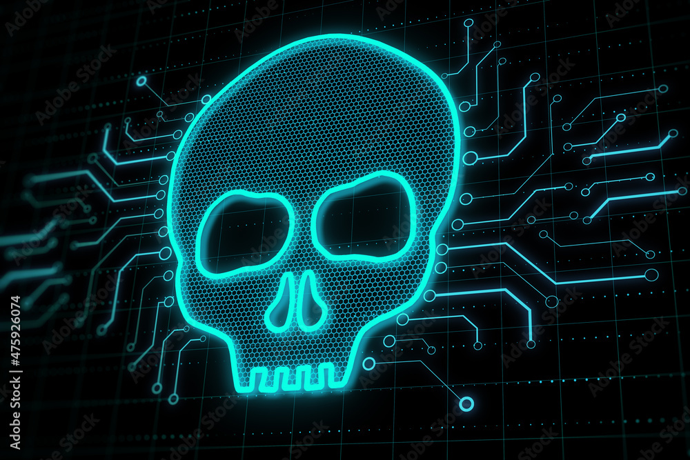 Poster Abstract glowing digital skull on dark background. Hacker, technology and virus concept. 3D Rendering.