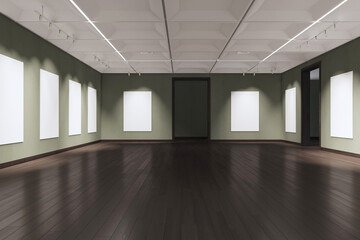 Modern museum interior with empty white posters and dark wooden parquet flooring with reflections. Picture gallery, design and art concept. Mock up, 3D Rendering.