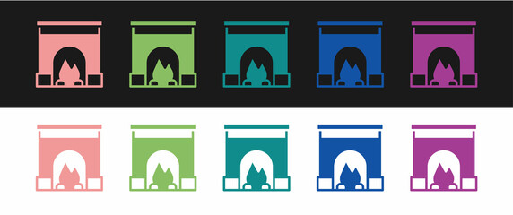 Set Interior fireplace icon isolated on black and white background. Vector