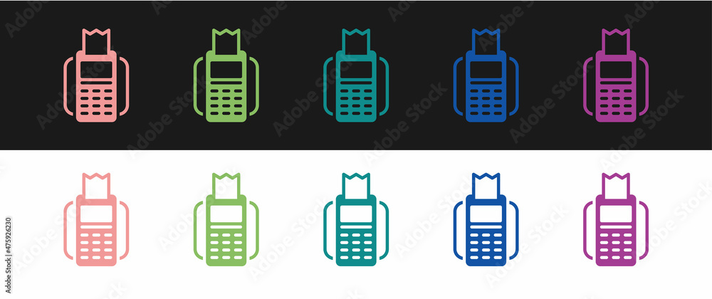Poster set pos terminal with inserted credit card and printed reciept icon isolated on black and white back