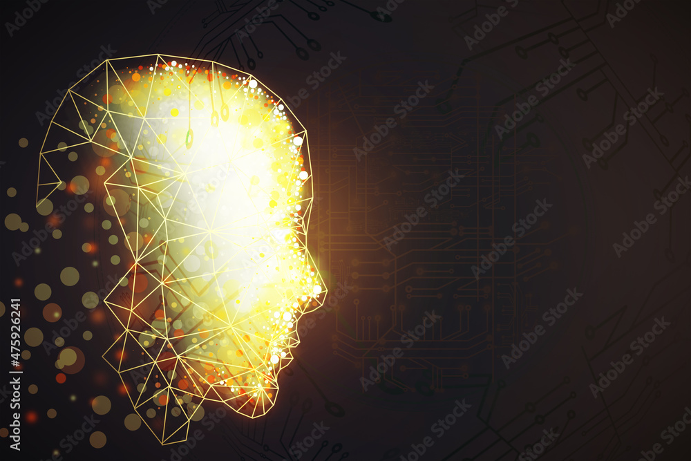 Poster Creative light polygonal head outline on dark background with mock up place. Artificial intelligence and machine learning. 3D Rendering.