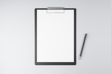 Top view and close up of blank white clipboards on light background, Stationery and mock up supplies concept. 3D Rendering. - obrazy, fototapety, plakaty