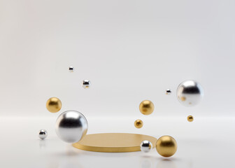 Golden podium with silver and golden balls on the white background, simple geometric forms. 3D rendering. Podium for product, cosmetic presentation. Mock up. Pedestal or platform for beauty products.