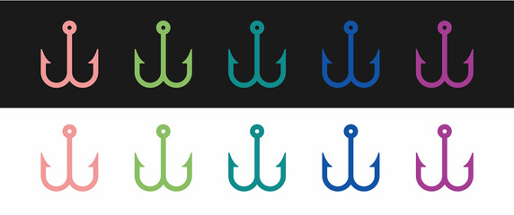 Set Fishing hook icon isolated on black and white background. Fishing tackle. Vector