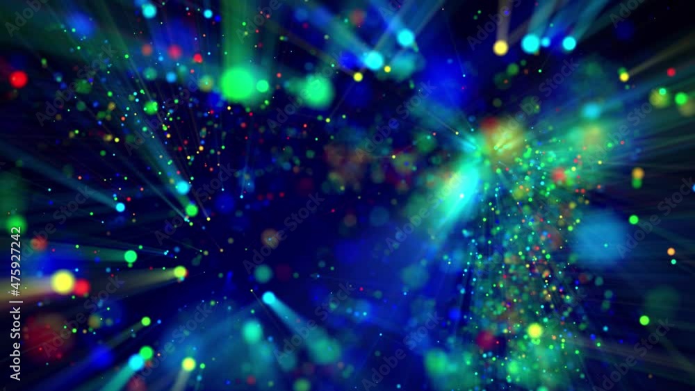 Poster awesome bg with magic particles float in liquid, light rays like laser show, light effects and bokeh