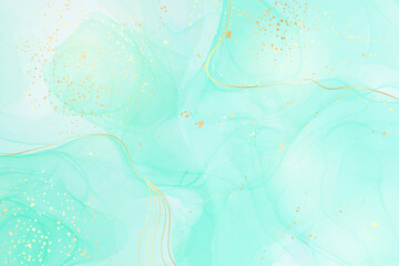 Obraz premium Pastel cyan mint liquid marble watercolor background with white lines and brush stains. Teal turquoise marbled alcohol ink drawing effect. Vector illustration backdrop, watercolour wedding invitation
