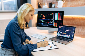 Successful smart mature woman investor and crypto trader, using pc and laptop, analyzes charts of trading in stock market and digital cryptocurrency exchange, conducts analysis, trading crypto coins