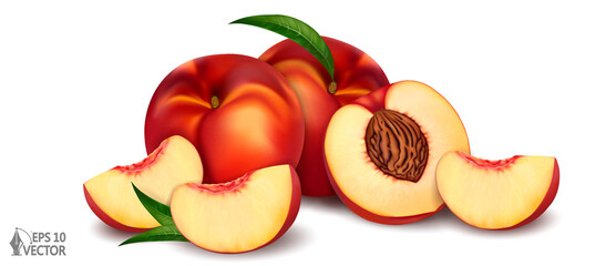 Realistic ripe nectarines, peaches, whole, half and slice. Group of fresh fruit, realistic 3d vector illustration, detail isolated on white background