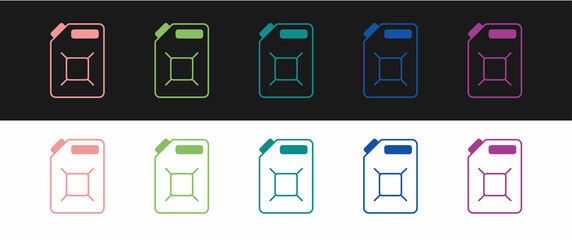 Set Canister for gasoline icon isolated on black and white background. Diesel gas icon. Vector