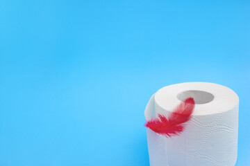 Red feather and toilet paper on light blue background. Hemorrhoid disease concept. Selective focus,...