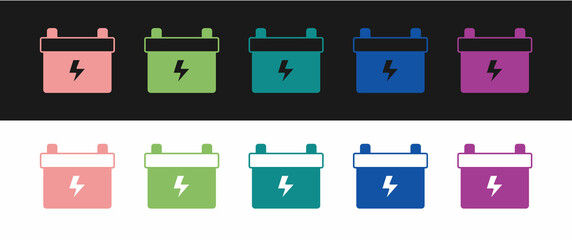 Set Car battery icon isolated on black and white background. Accumulator battery energy power and electricity accumulator battery. Vector