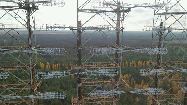 Aerial view of Soviet abandoned missile defense over-the-horizon military radar station Duga in the Chernobyl exclusion zone Russian woodpecker